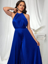 VIPGIRL Elegant Blue Halter Neck Pleated Jumpsuit,Flowing Wide-Leg Formal One-Piece Outfit, Prom Dresses For Women, Formal Evening Gown